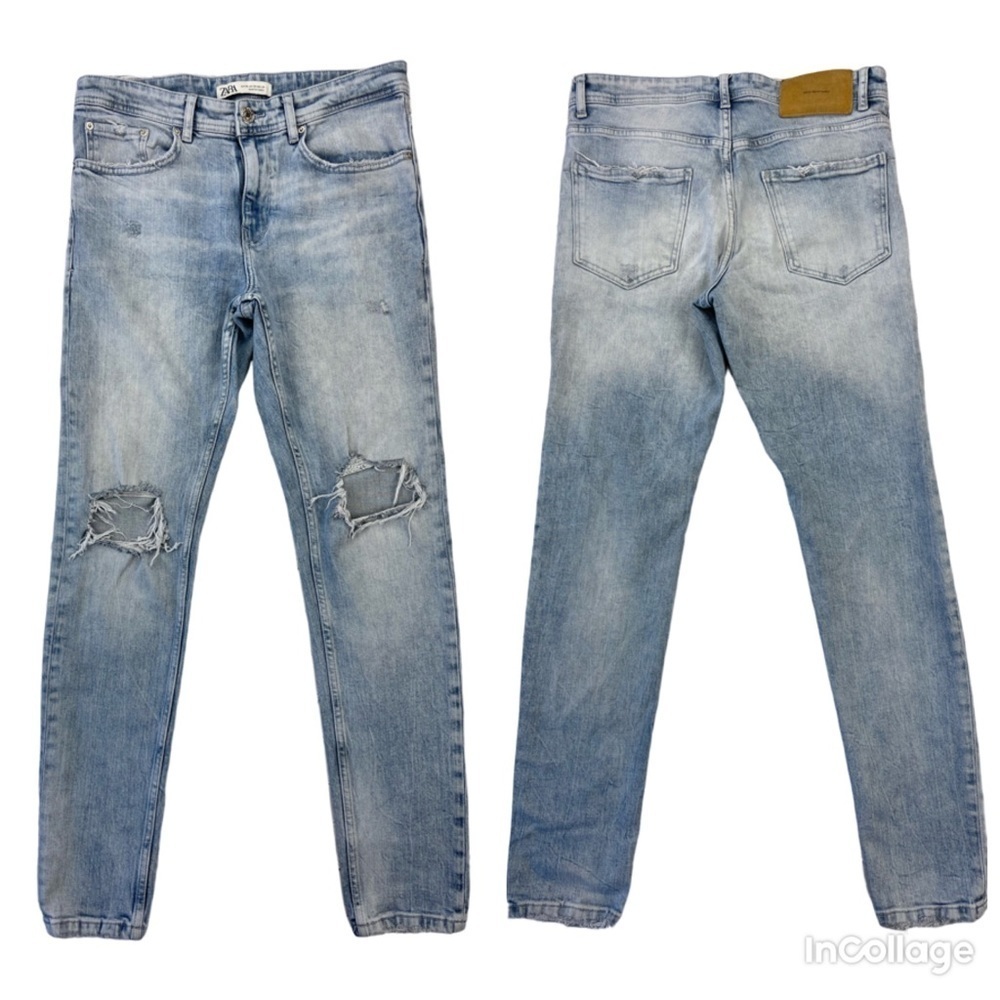 ✅ Zara Men’s Light Blue Wash Distressed High rise skinny jeans 99% cotton sz 30